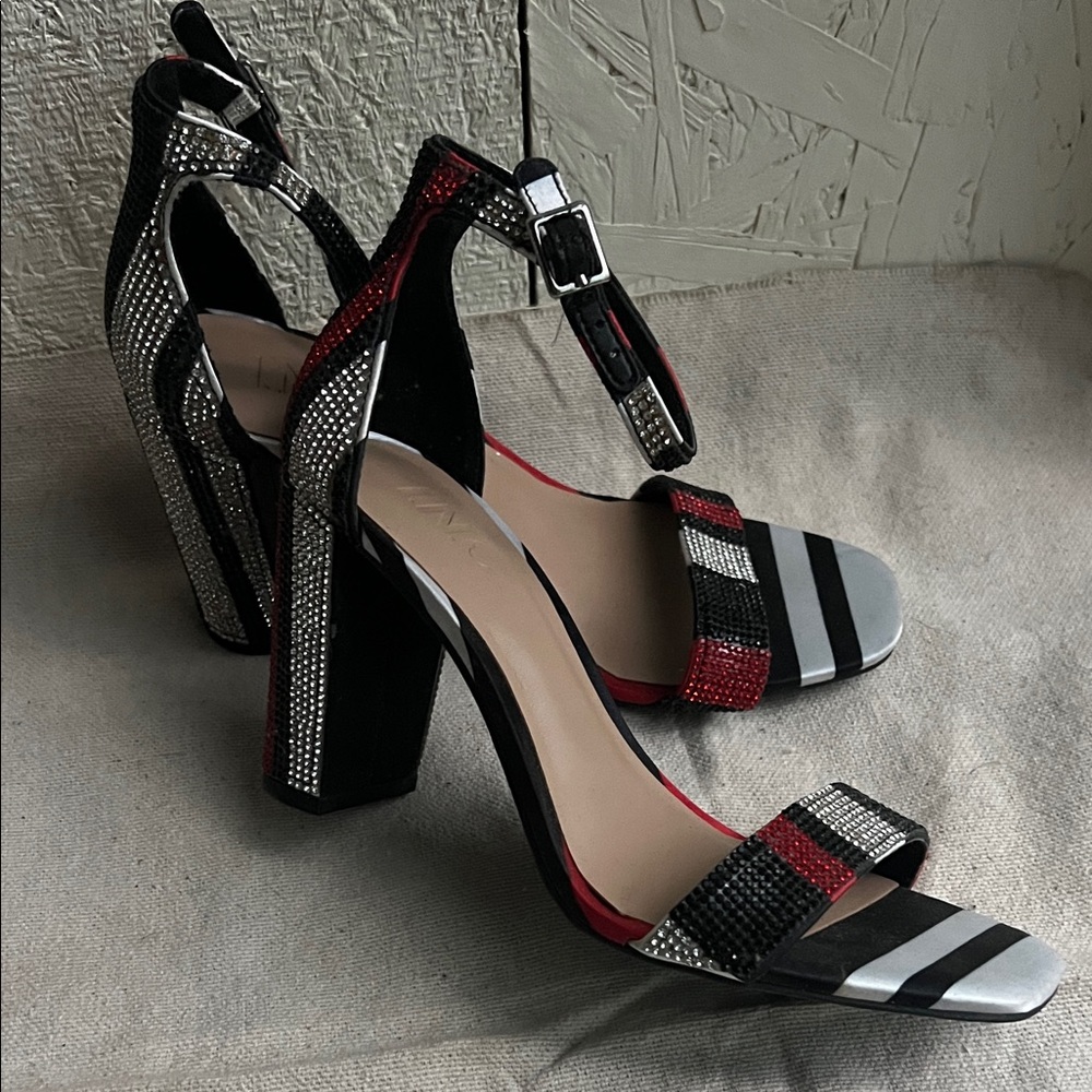 INC International Concepts Black Red White Striped Crystal Ankle-Strap Heels